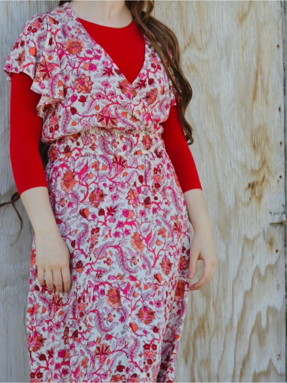 Knox Rose Floral Midi Dress Small Pink Orange Boho Tiered Flutter Sleeve V Neck